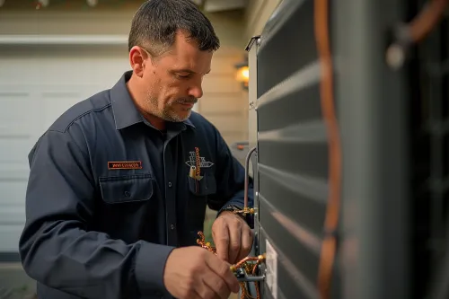 Technicien installant une climatisation réversible.