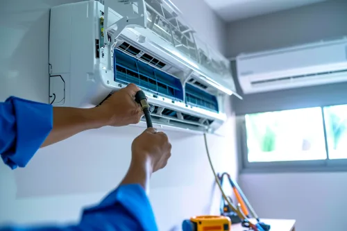 Technicien installant une climatisation murale